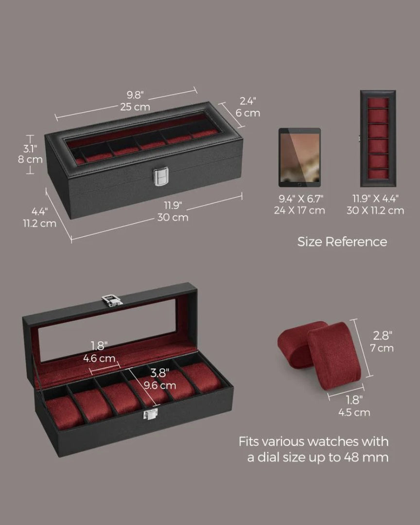 Watch Storage Case With Glass Lid 6 Or 12 Slot Organizer – product view 13 | Ridgefield Furniture