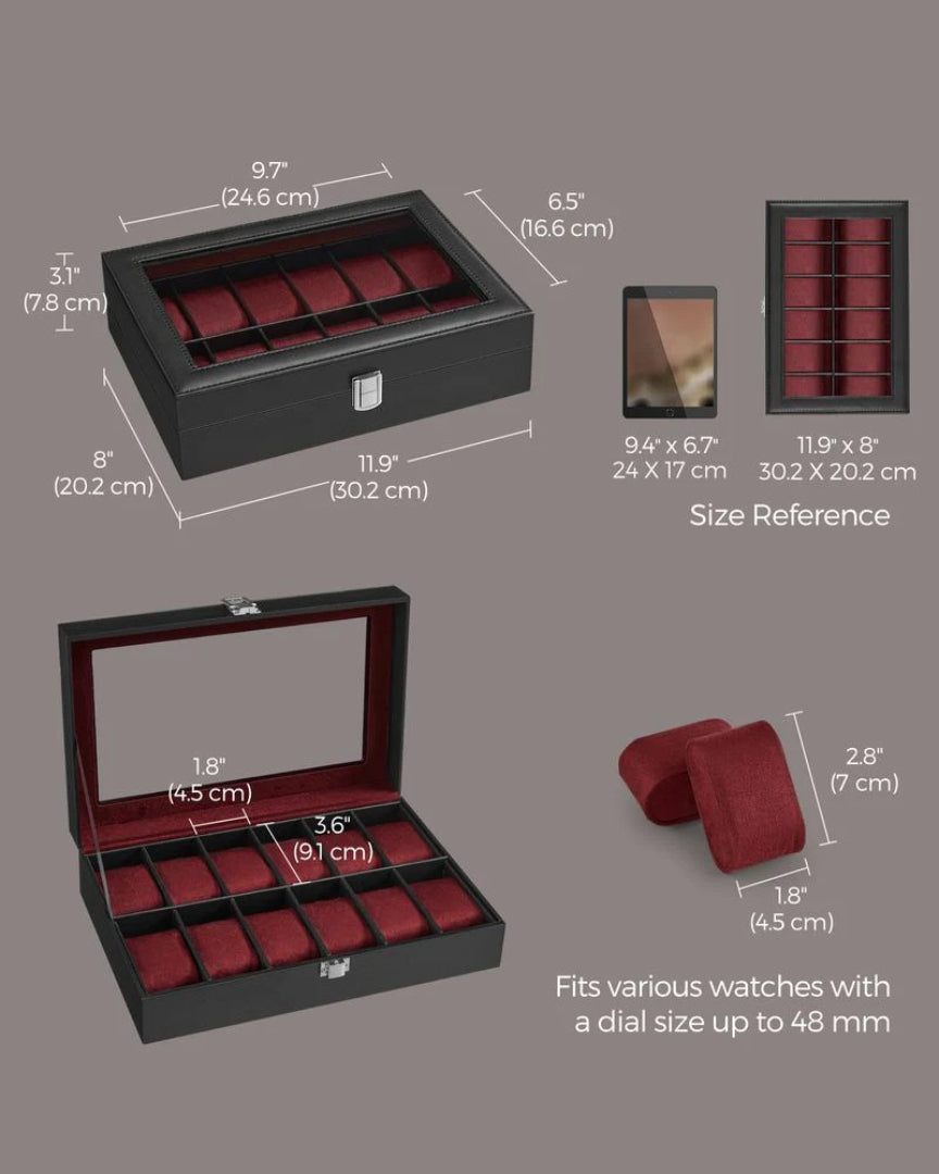 Watch Storage Case With Glass Lid 6 Or 12 Slot Organizer – product view 18 | Ridgefield Furniture