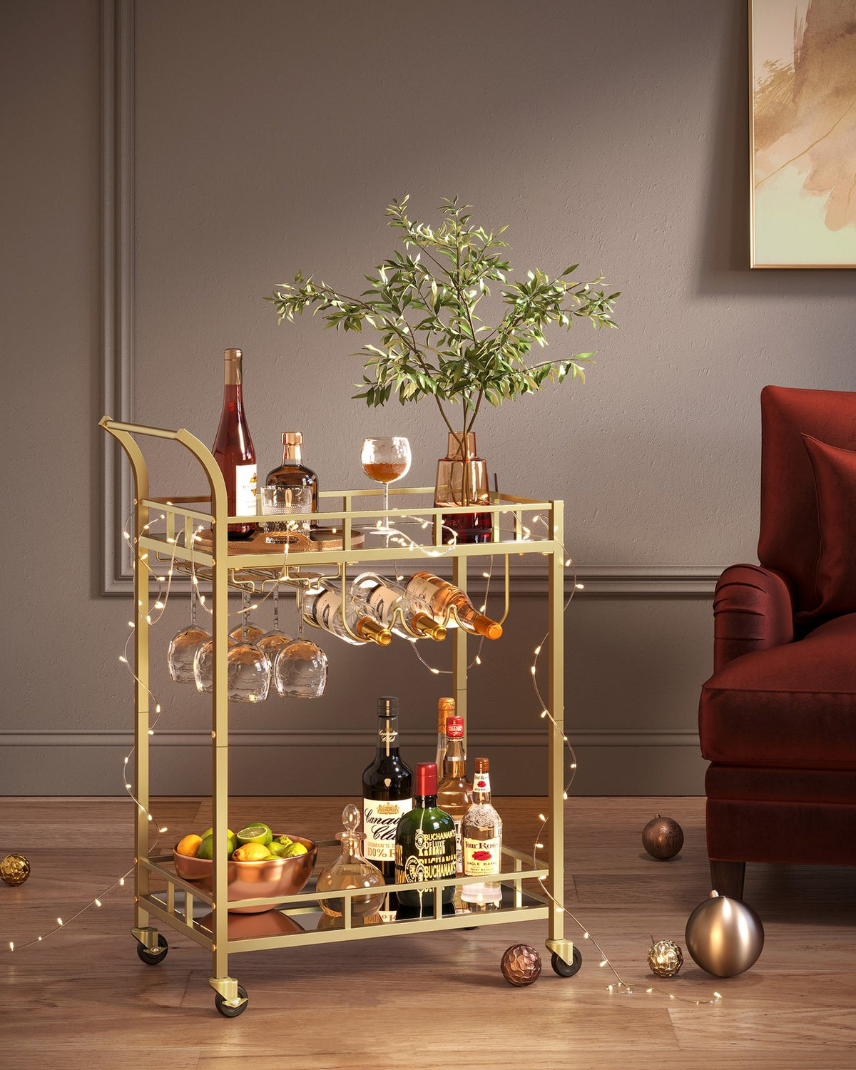 Wine Cart With 2 Mirrored Shelves - product photo 03