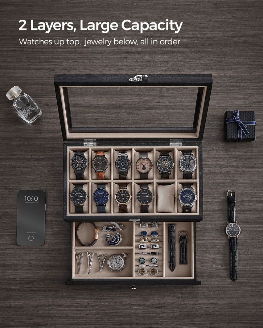 Wood Watch Box With Glass Lid 8 Or 12 Slot Organizer – product view 22 | Ridgefield Furniture