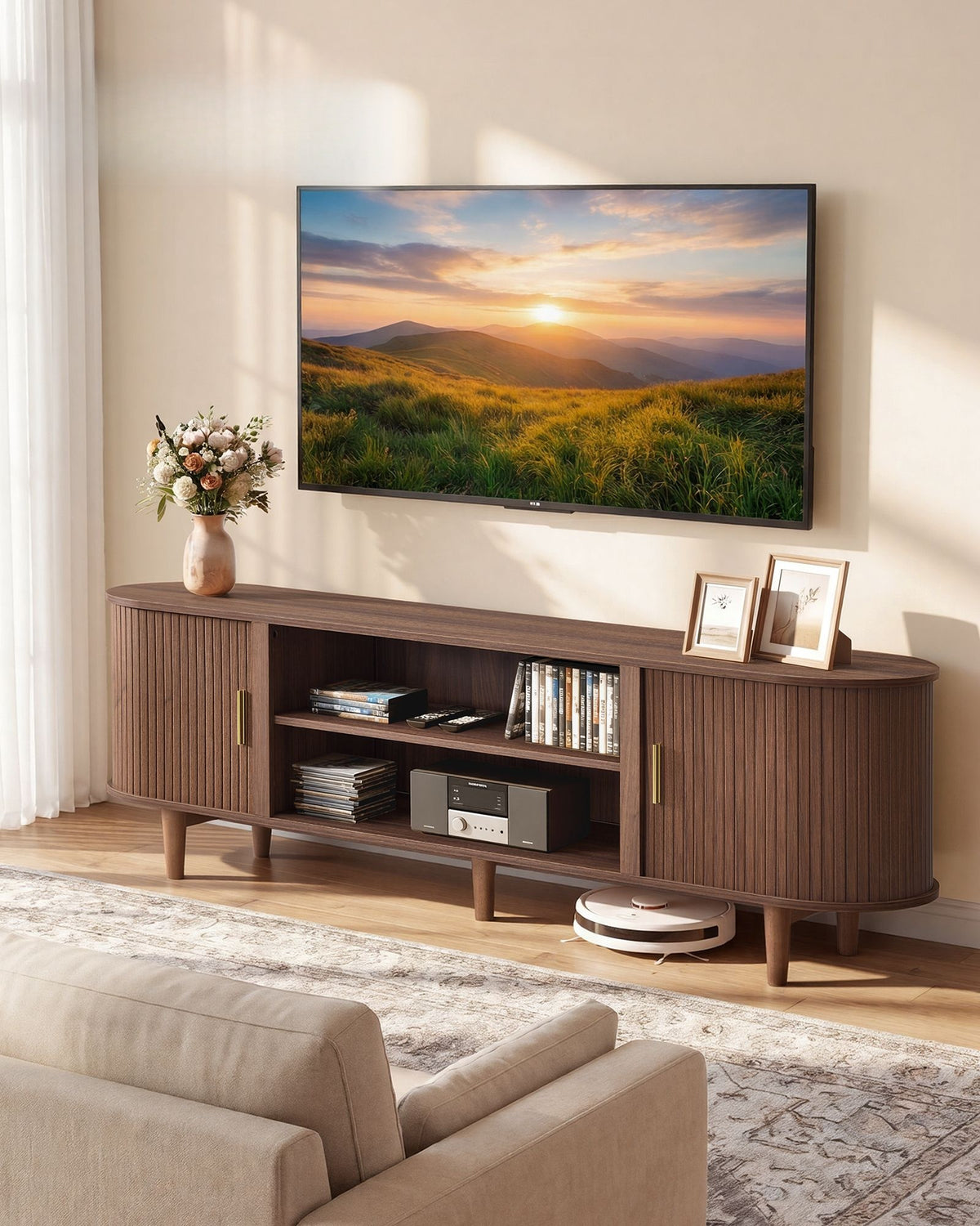 Wooden TV Cabinet For 80 Inch TVs With Slatted Sliding Doors - product photo 09
