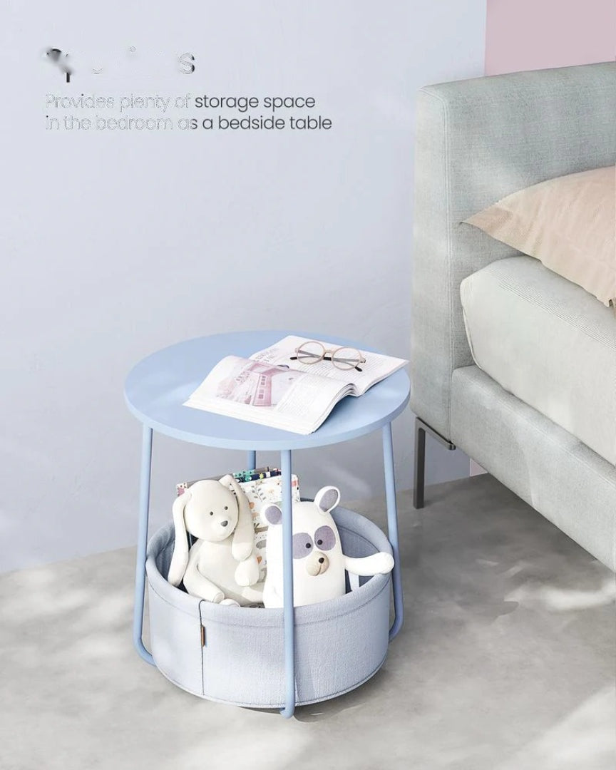 Round Nightstand With Fabric Basket Modern Bedside Table