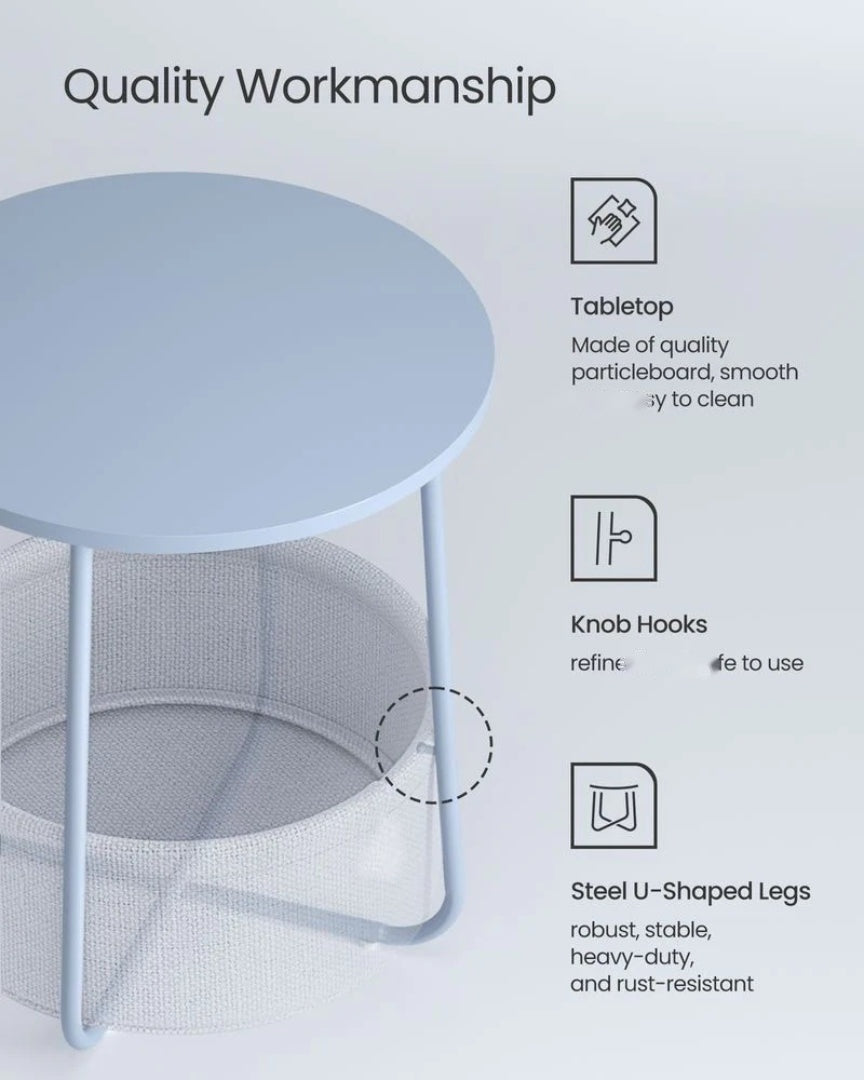 Round Nightstand With Fabric Basket Modern Bedside Table