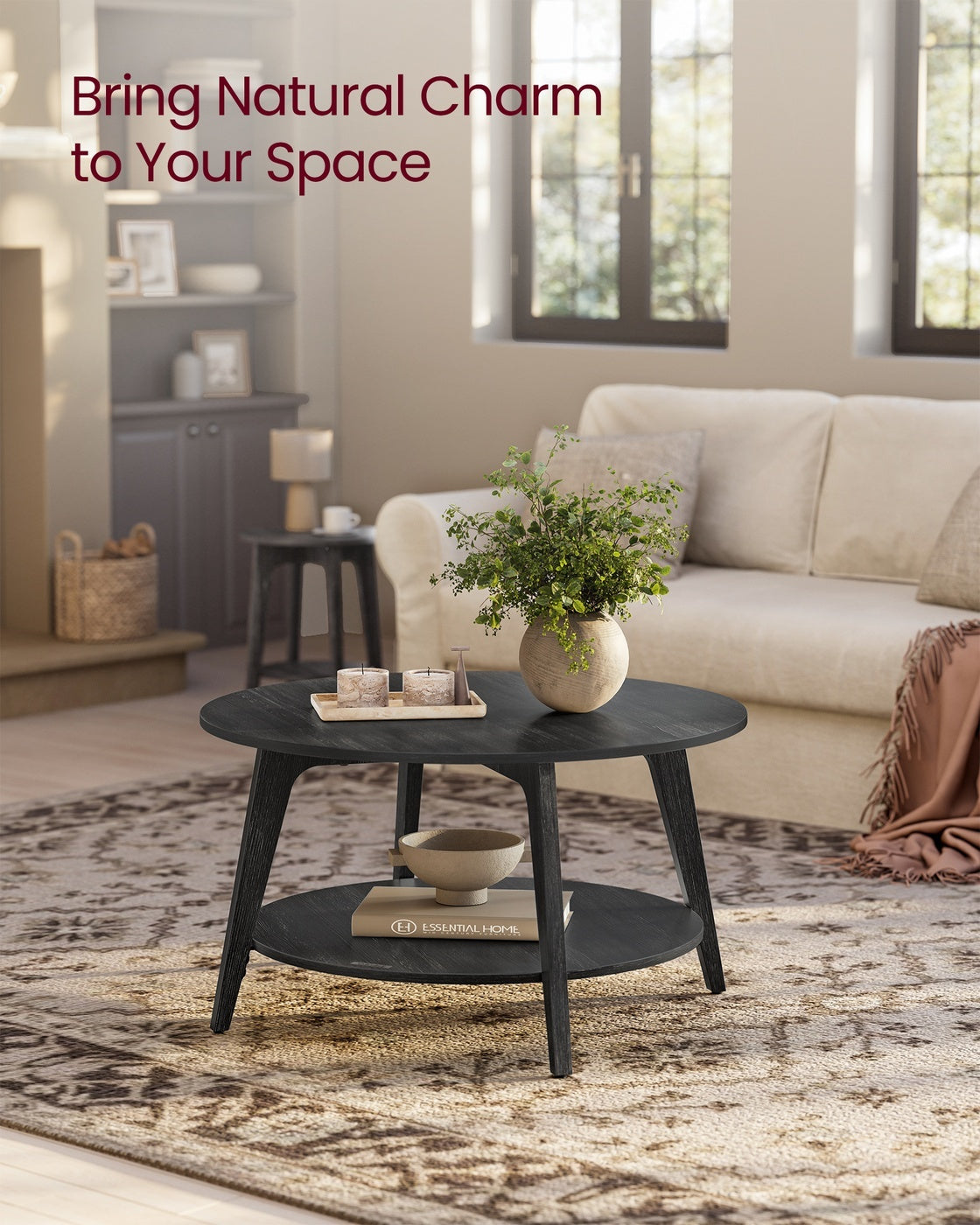2 Tier Round Coffee Table With Open Storage Shelf, Living Room Table - product photo 36