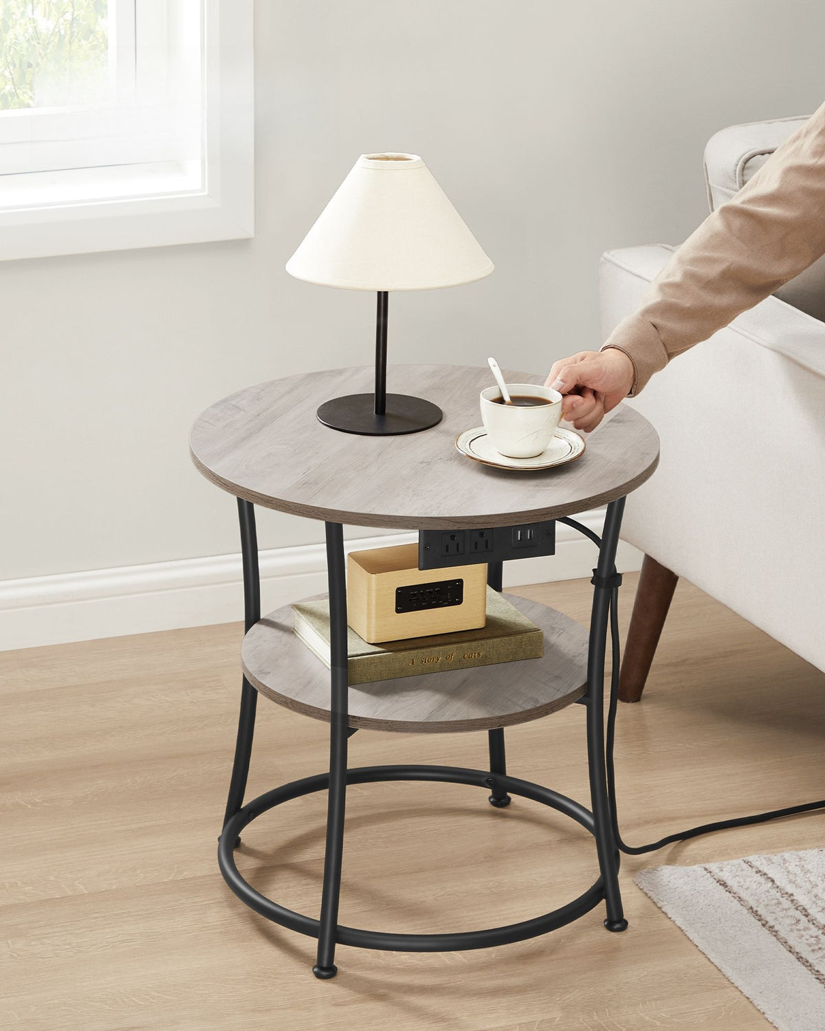 2 Tier Round Side Table With Power Outlets And USB Ports - product photo 11