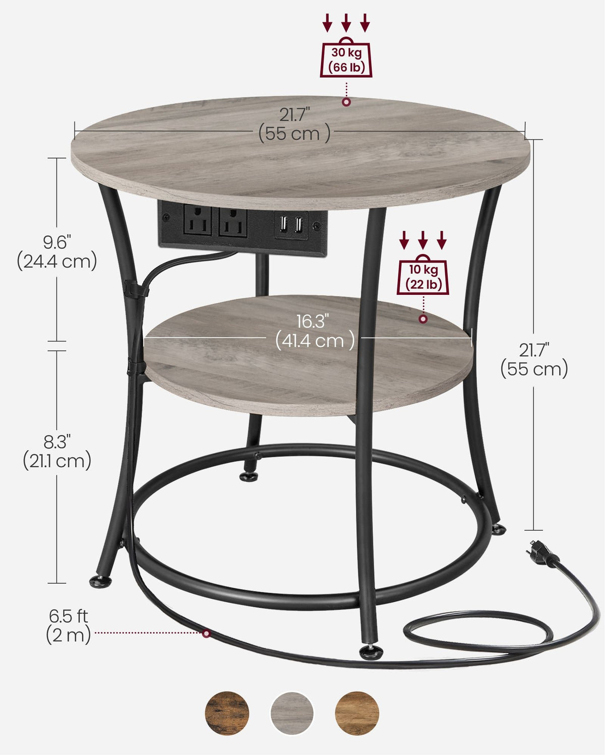 2 Tier Round Side Table With Power Outlets And USB Ports - product photo 13