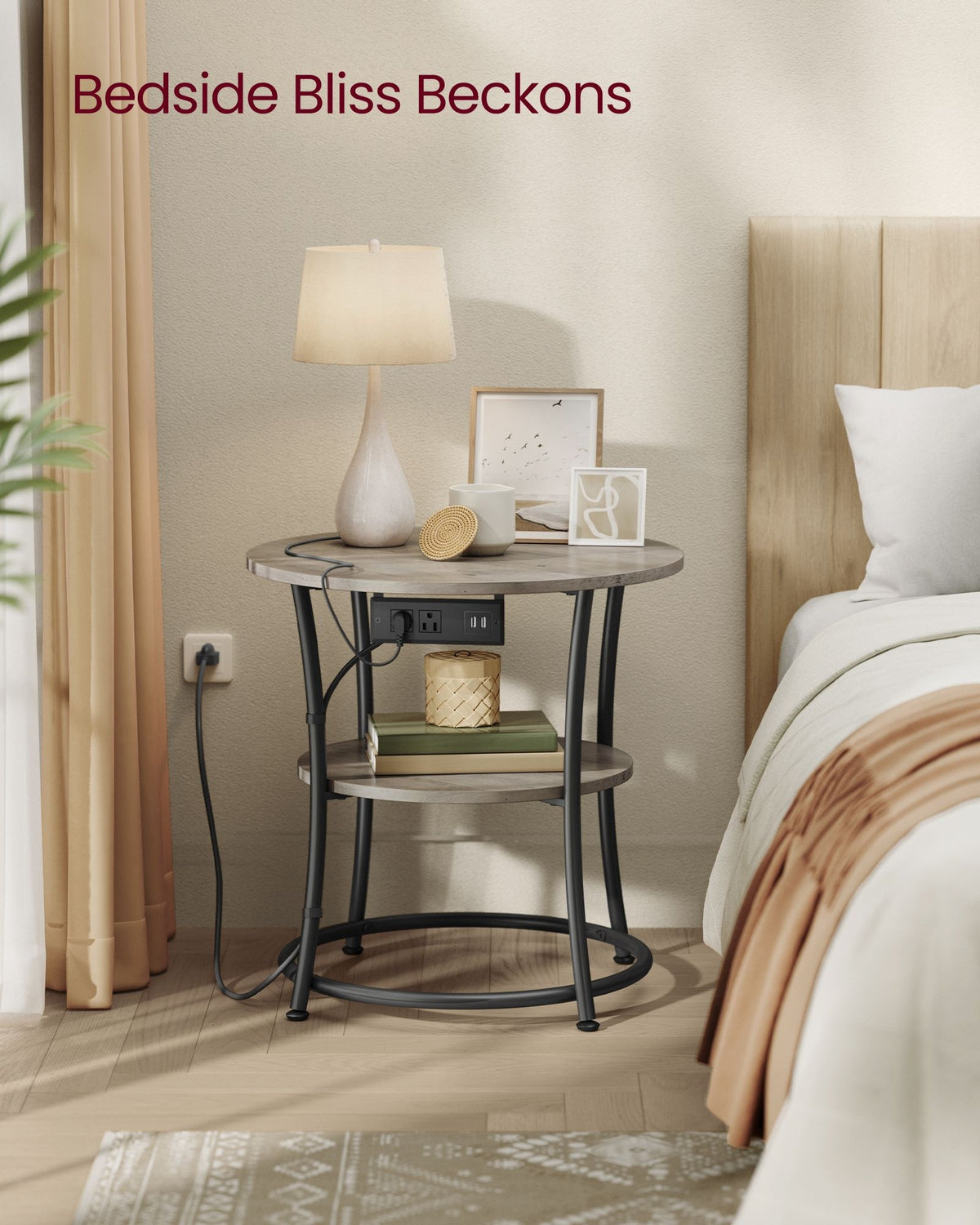 2 Tier Round Side Table With Power Outlets And USB Ports - product photo 14