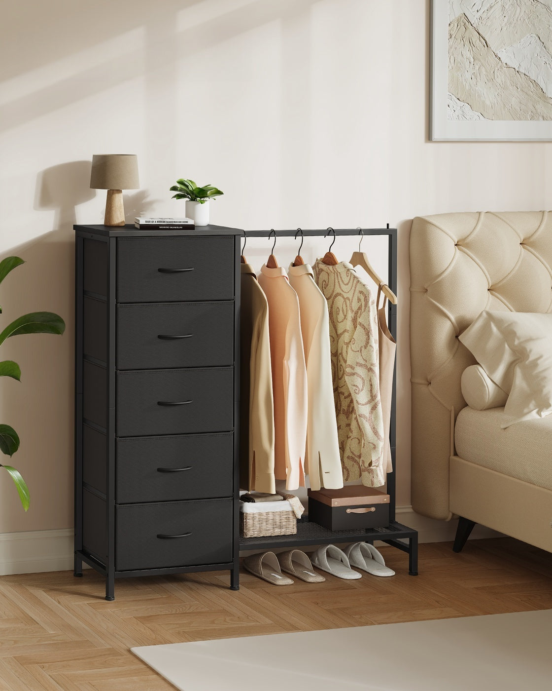 3 In 1 Dresser With Garment Rack, 5 Fabric Drawers And Bottom Shelf - product photo 20