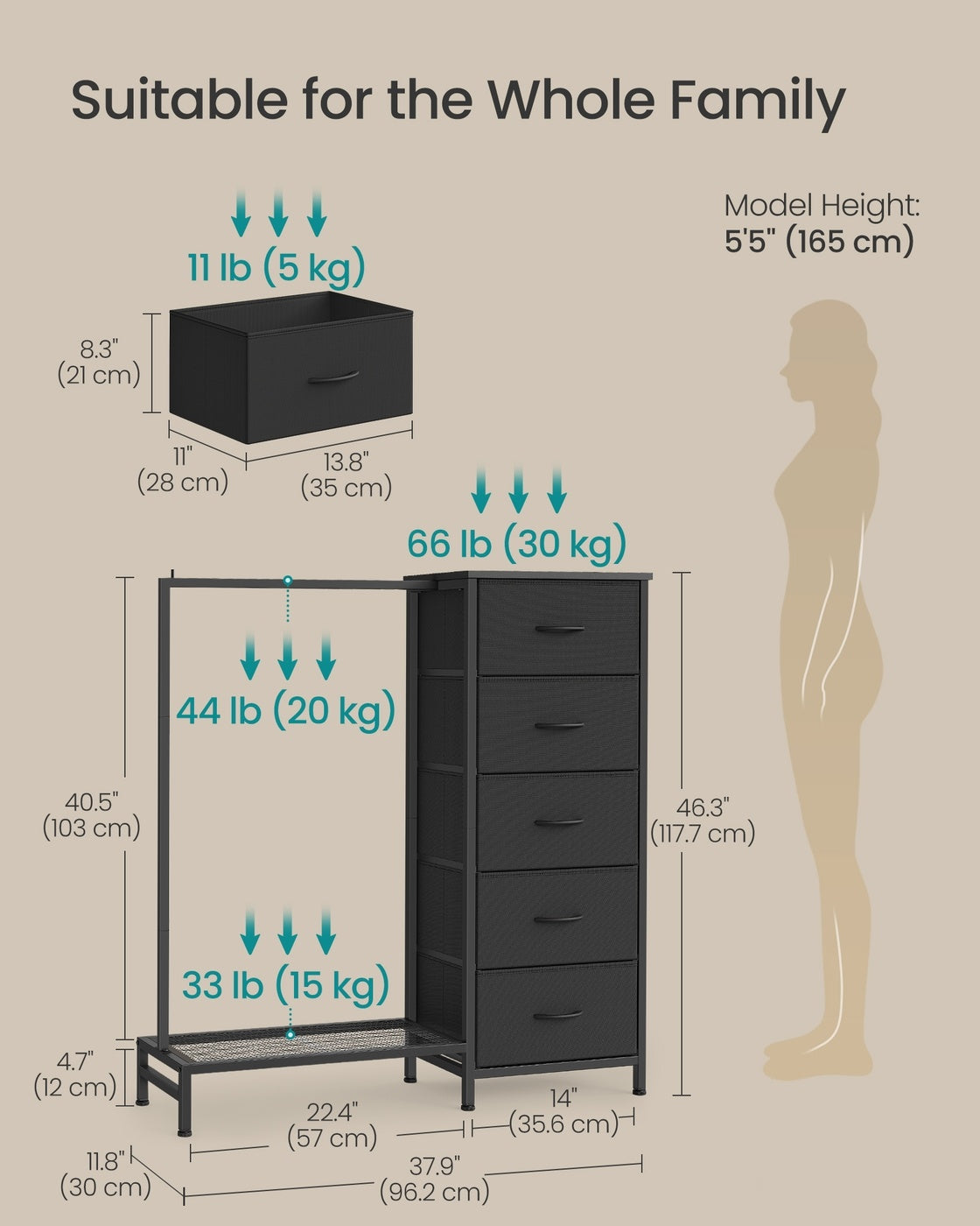 3 In 1 Dresser With Garment Rack, 5 Fabric Drawers And Bottom Shelf - product photo 21