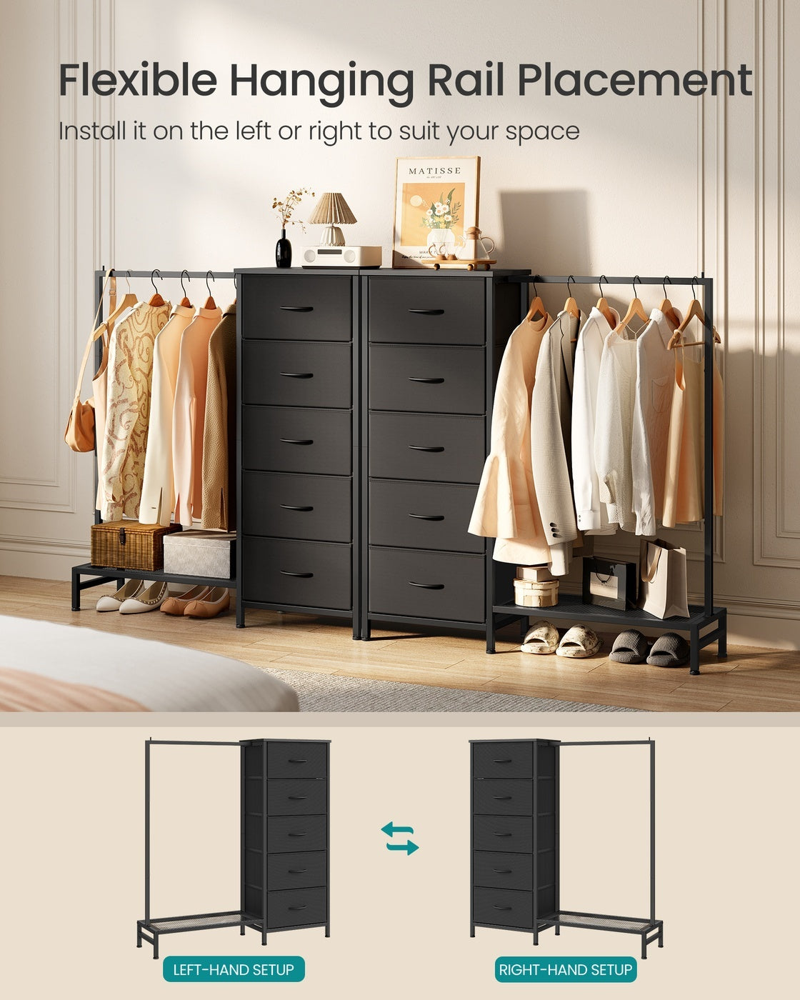 3 In 1 Dresser With Garment Rack, 5 Fabric Drawers And Bottom Shelf - product photo 23