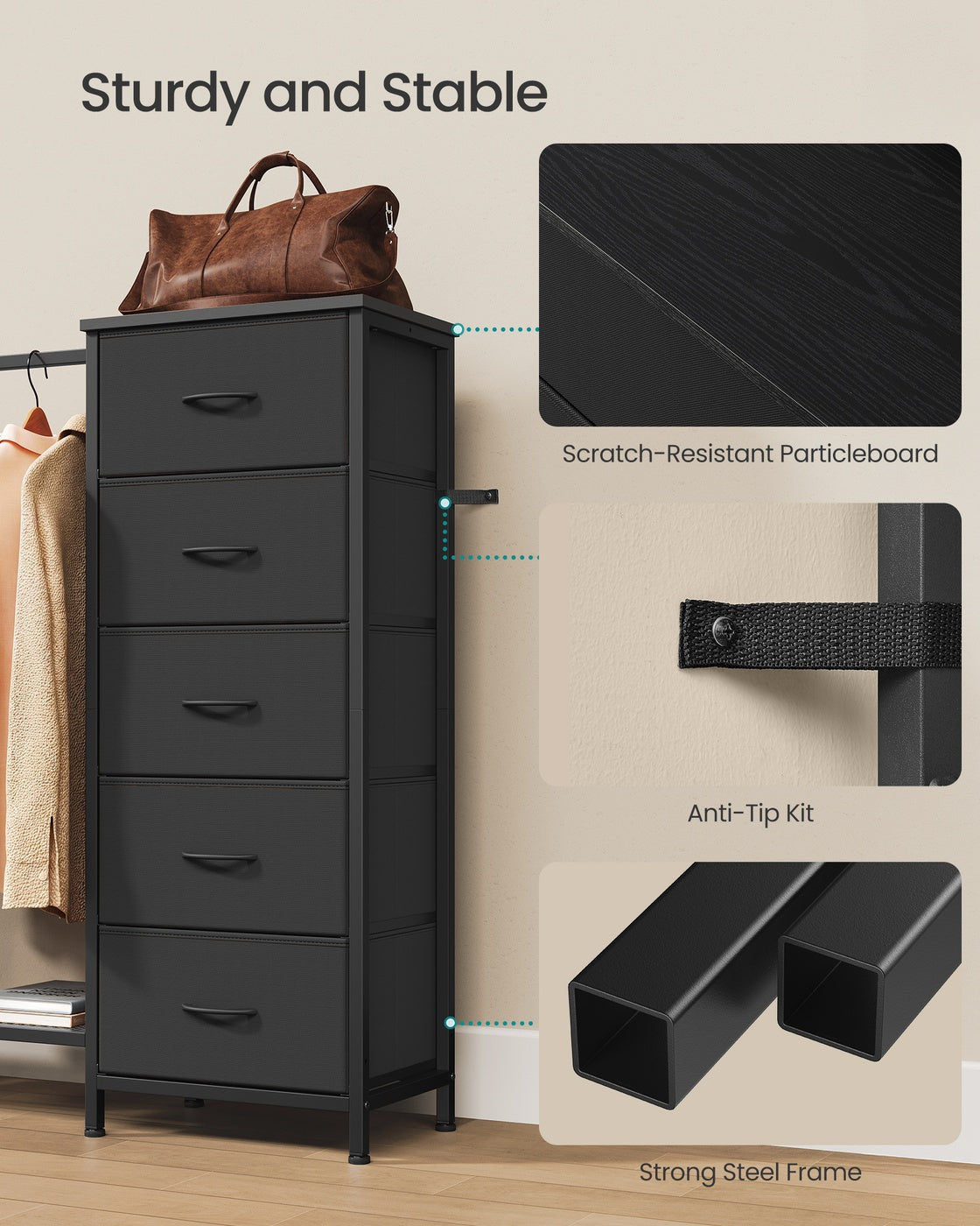 3 In 1 Dresser With Garment Rack, 5 Fabric Drawers And Bottom Shelf - product photo 24