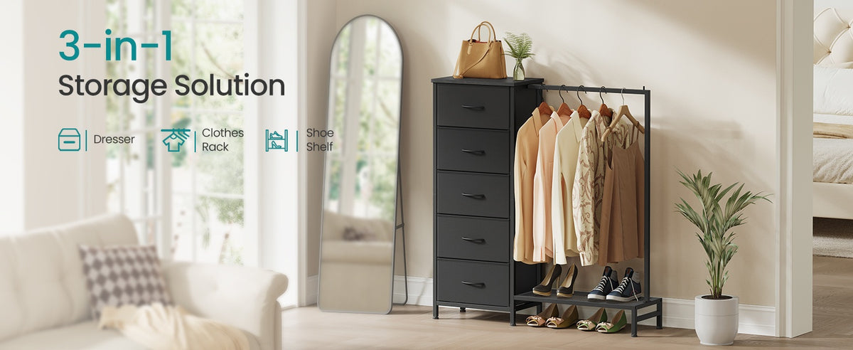 3 In 1 Dresser With Garment Rack, 5 Fabric Drawers And Bottom Shelf - product photo 26