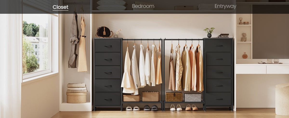 3 In 1 Dresser With Garment Rack, 5 Fabric Drawers And Bottom Shelf - product photo 29