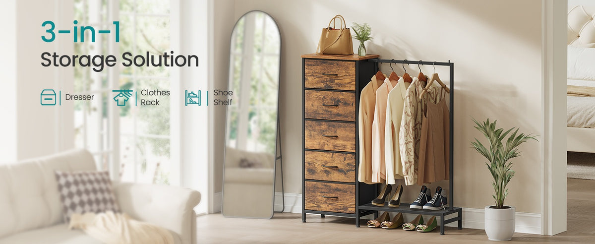3 In 1 Dresser With Garment Rack, 5 Fabric Drawers And Bottom Shelf - product photo 32
