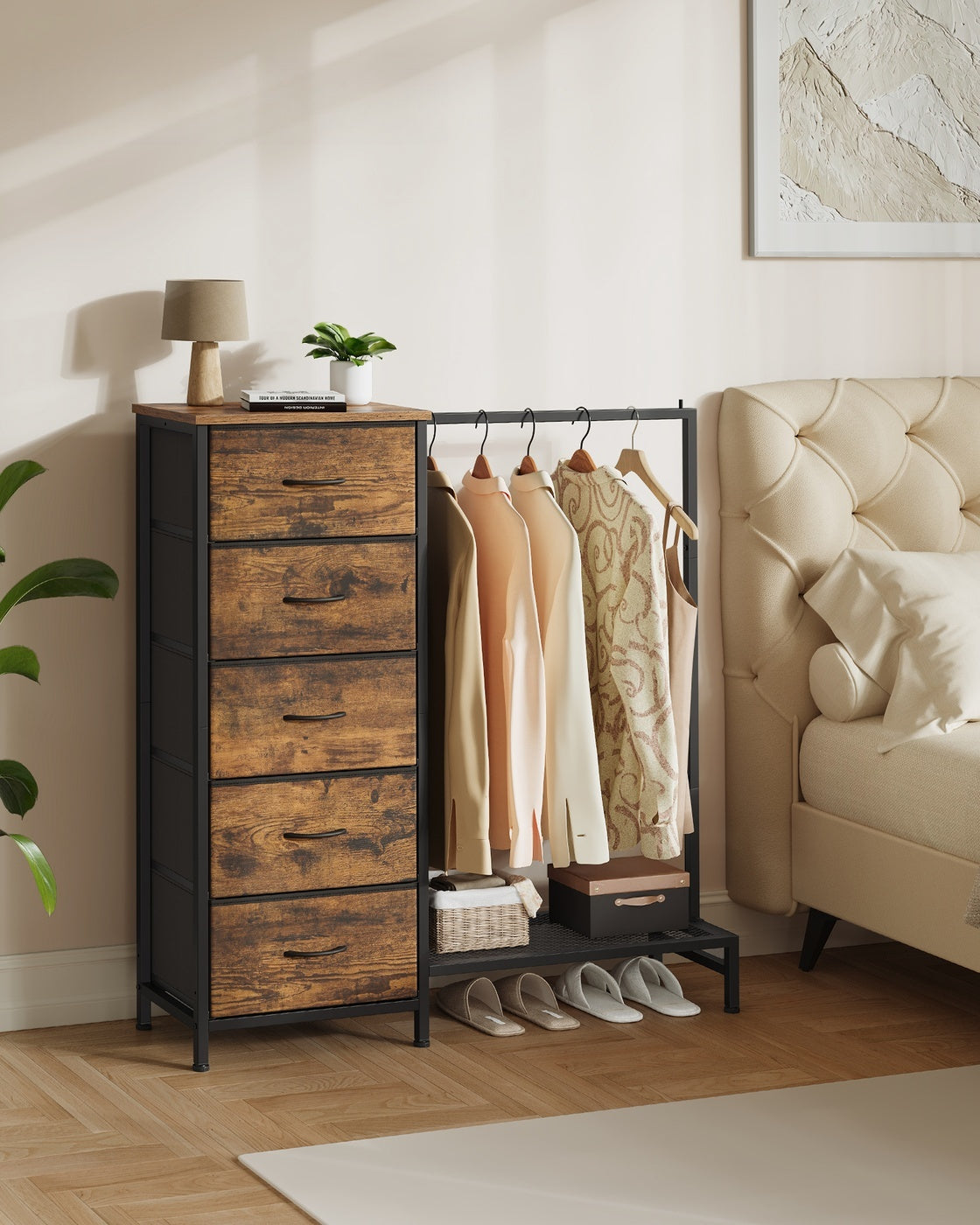 3 In 1 Dresser With Garment Rack, 5 Fabric Drawers And Bottom Shelf - product photo 35