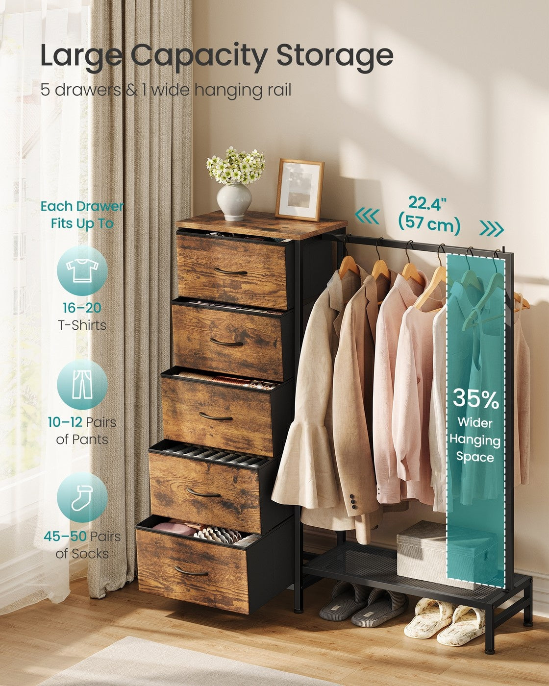 3 In 1 Dresser With Garment Rack, 5 Fabric Drawers And Bottom Shelf - product photo 37