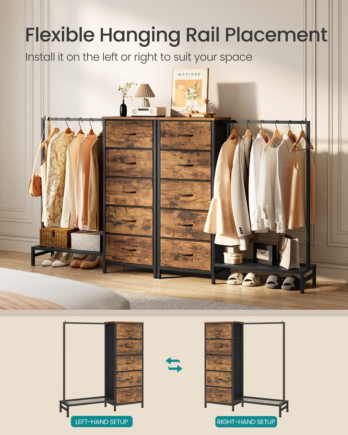 3 In 1 Dresser With Garment Rack, 5 Fabric Drawers And Bottom Shelf - product photo 38