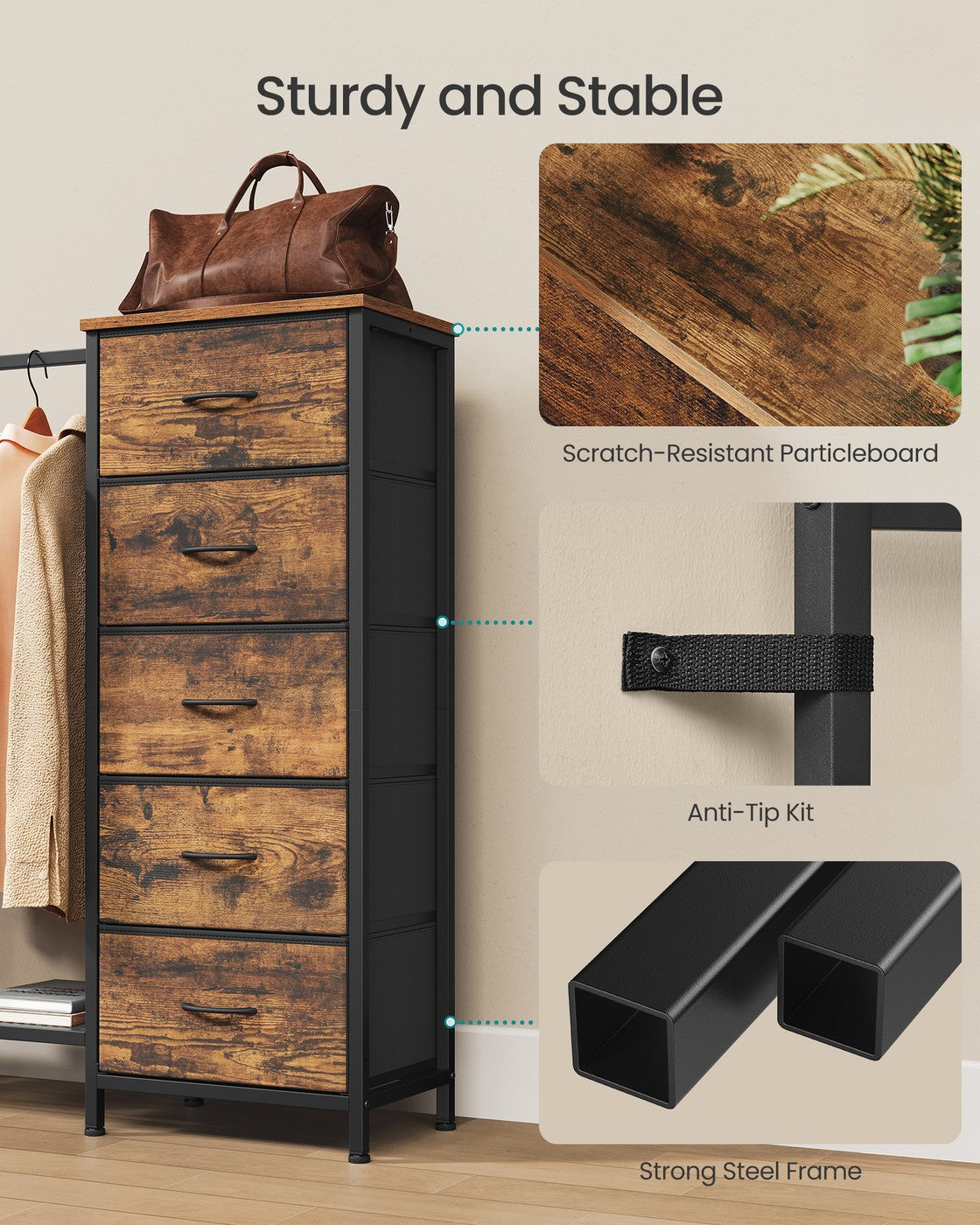 3 In 1 Dresser With Garment Rack, 5 Fabric Drawers And Bottom Shelf - product photo 39