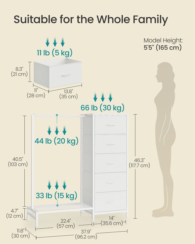 3-in-1 Dresser With Garment Rack 5 Fabric Drawers & Bottom Shelf - product photo 03