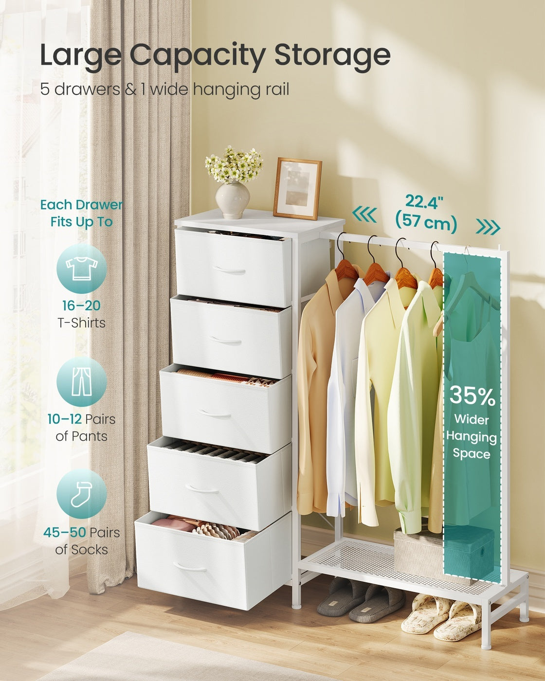 3-in-1 Dresser With Garment Rack 5 Fabric Drawers & Bottom Shelf - product photo 04