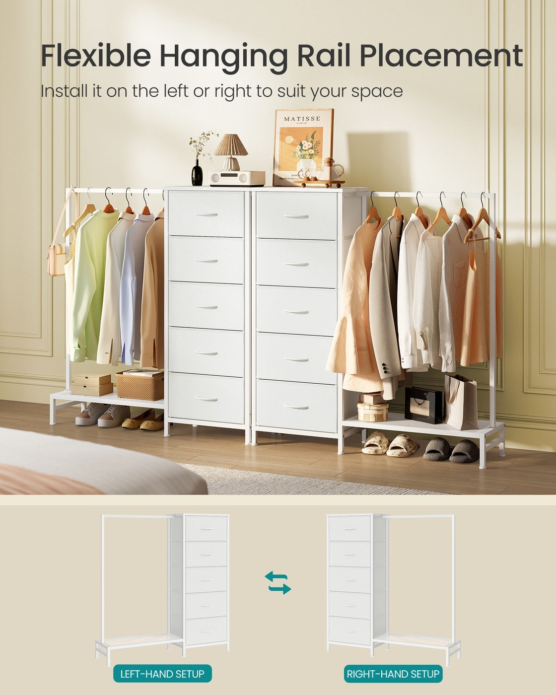 3-in-1 Dresser With Garment Rack 5 Fabric Drawers & Bottom Shelf - product photo 05