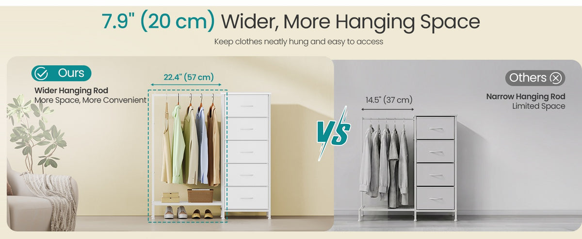 3-in-1 Dresser With Garment Rack 5 Fabric Drawers & Bottom Shelf - product photo 10