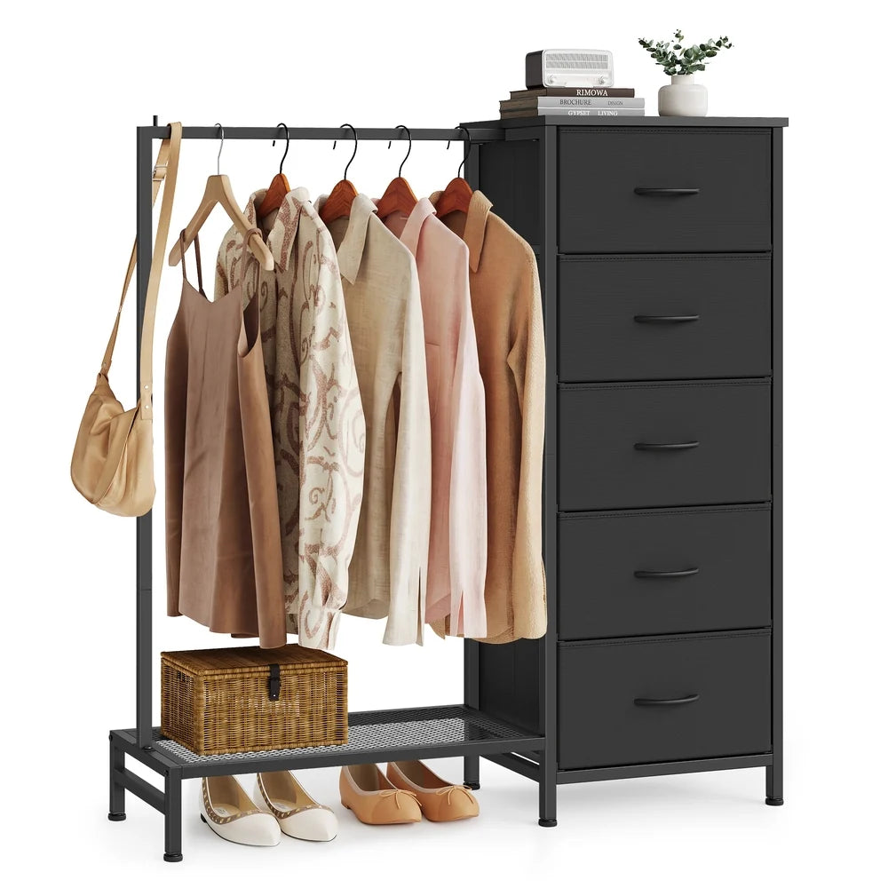 3-in-1 Dresser With Garment Rack 5 Fabric Drawers & Bottom Shelf - ULGS423B101S
