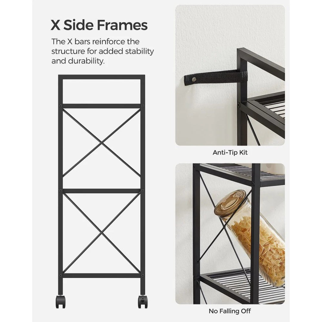 3 Tier Metal Storage Rack With Wheels And Mesh Shelves – product view 9 | Ridgefield Furniture