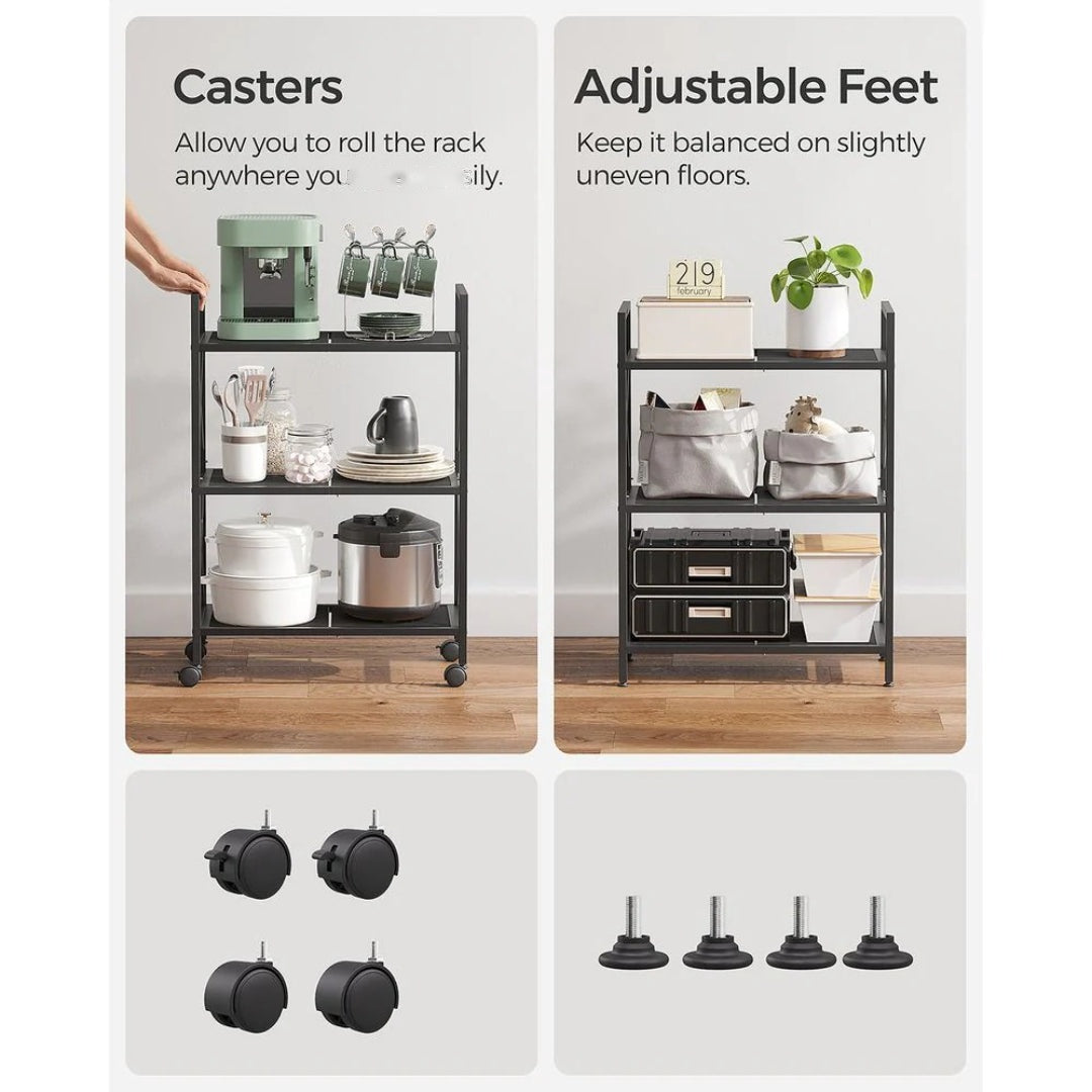 3 Tier Metal Storage Rack With Wheels And Mesh Shelves – product view 11 | Ridgefield Furniture