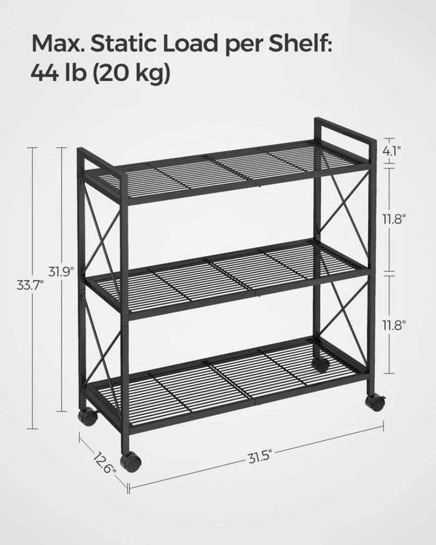 3 Tier Metal Storage Rack With Wheels And Mesh Shelves – product view 16 | Ridgefield Furniture
