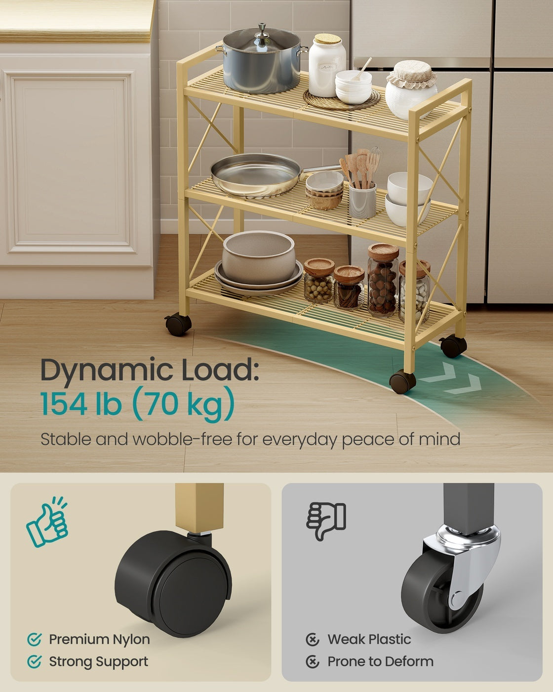 3 Tier Metal Storage Rack With Wheels For Kitchen Or Bathroom - product photo 07