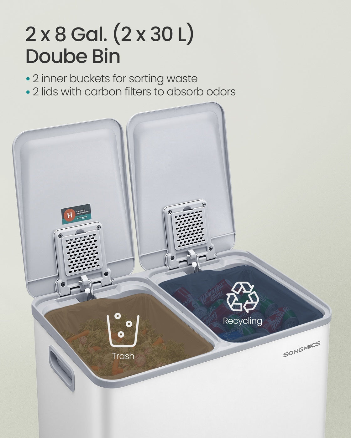 30L X 2 Trash Bin, Dual Pedal, Soft-Close, Stainless Steel, 15 Liners - product photo 03