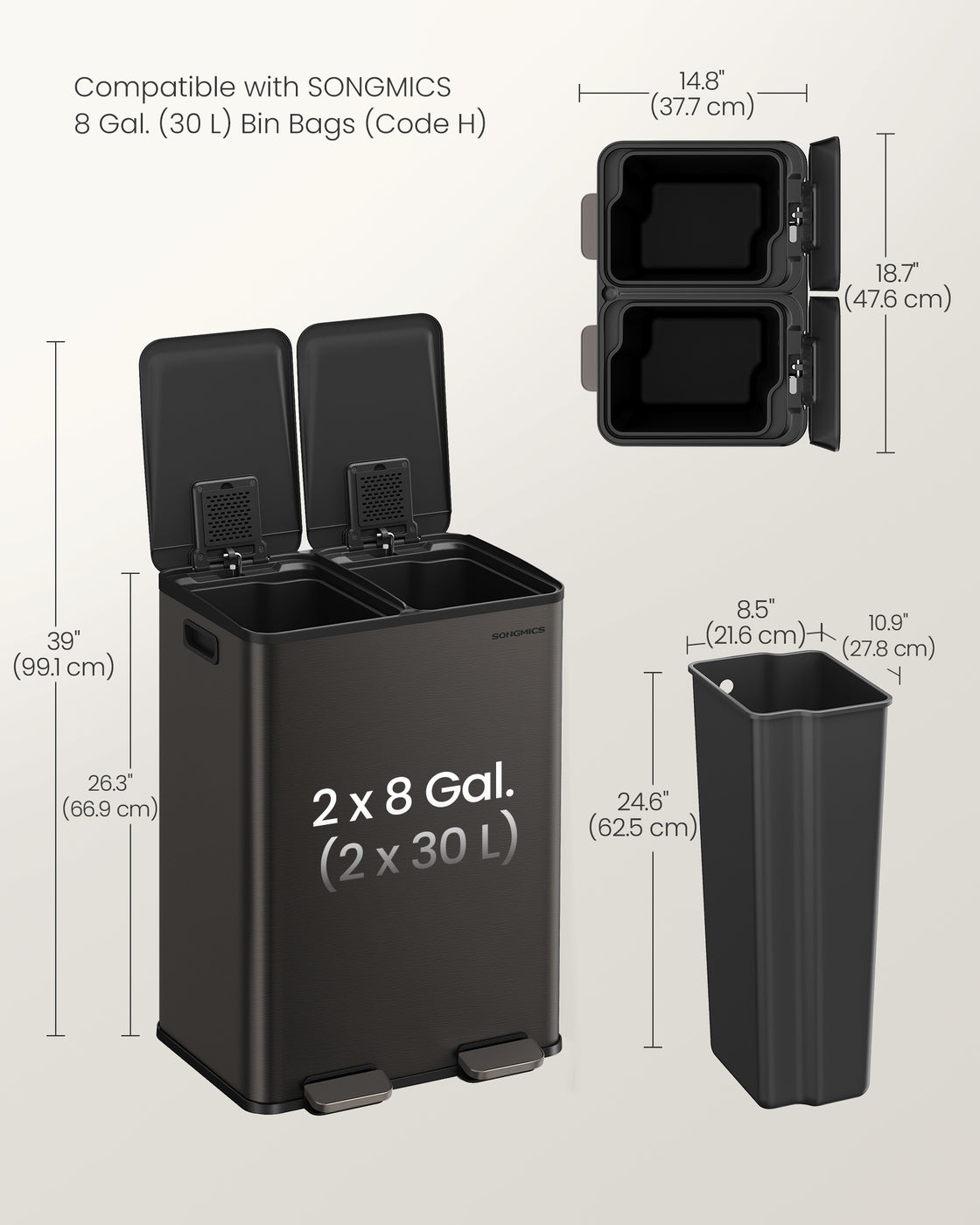 30L X 2 Trash Bin, Dual Pedal, Soft-Close, Stainless Steel, 15 Liners - product photo 20