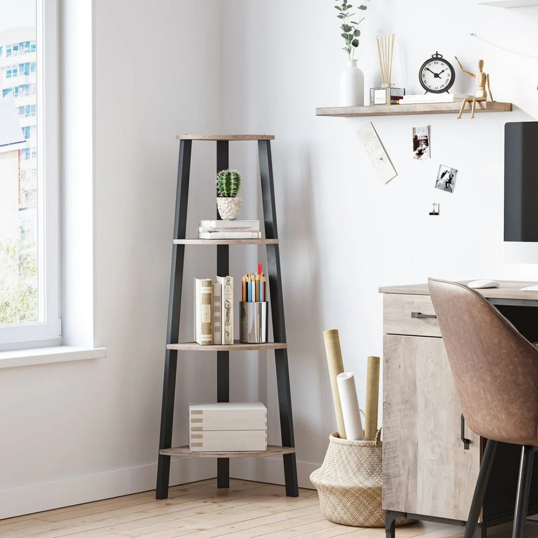 4 Tier Corner Bookshelf Industrial Storage Display Shelf – product view 6 | Ridgefield Furniture