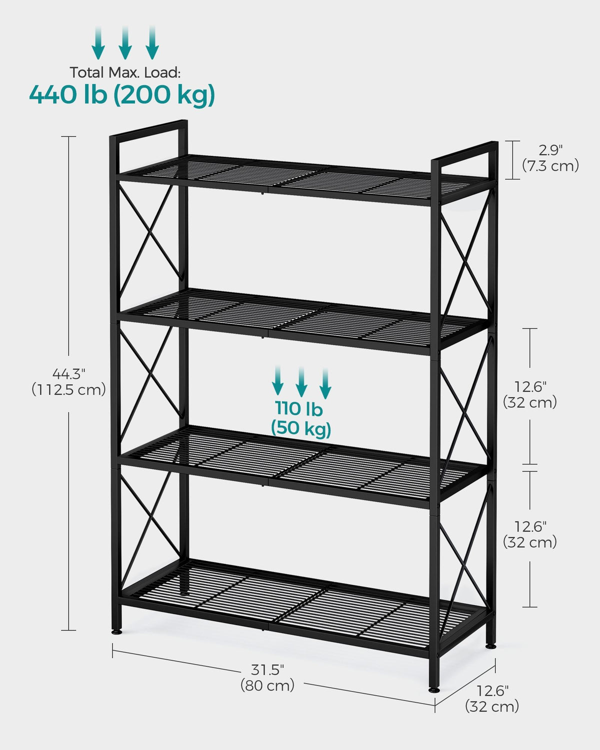 4 Tier Metal Storage Shelf With X Side Frames, 23.6 Inch Wide Rack - product photo 46