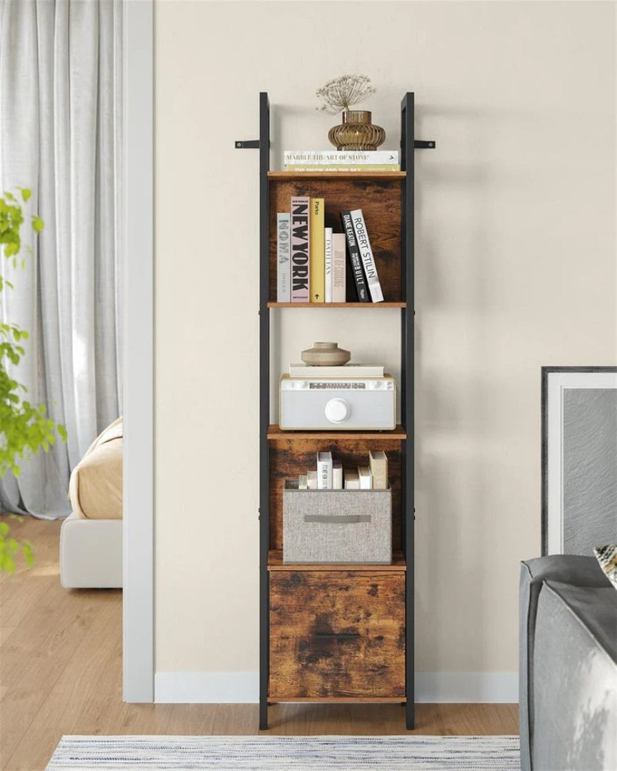 5 Tier Bookshelf With Drawer Steel Frame Storage Shelf – product view 3 | Ridgefield Furniture