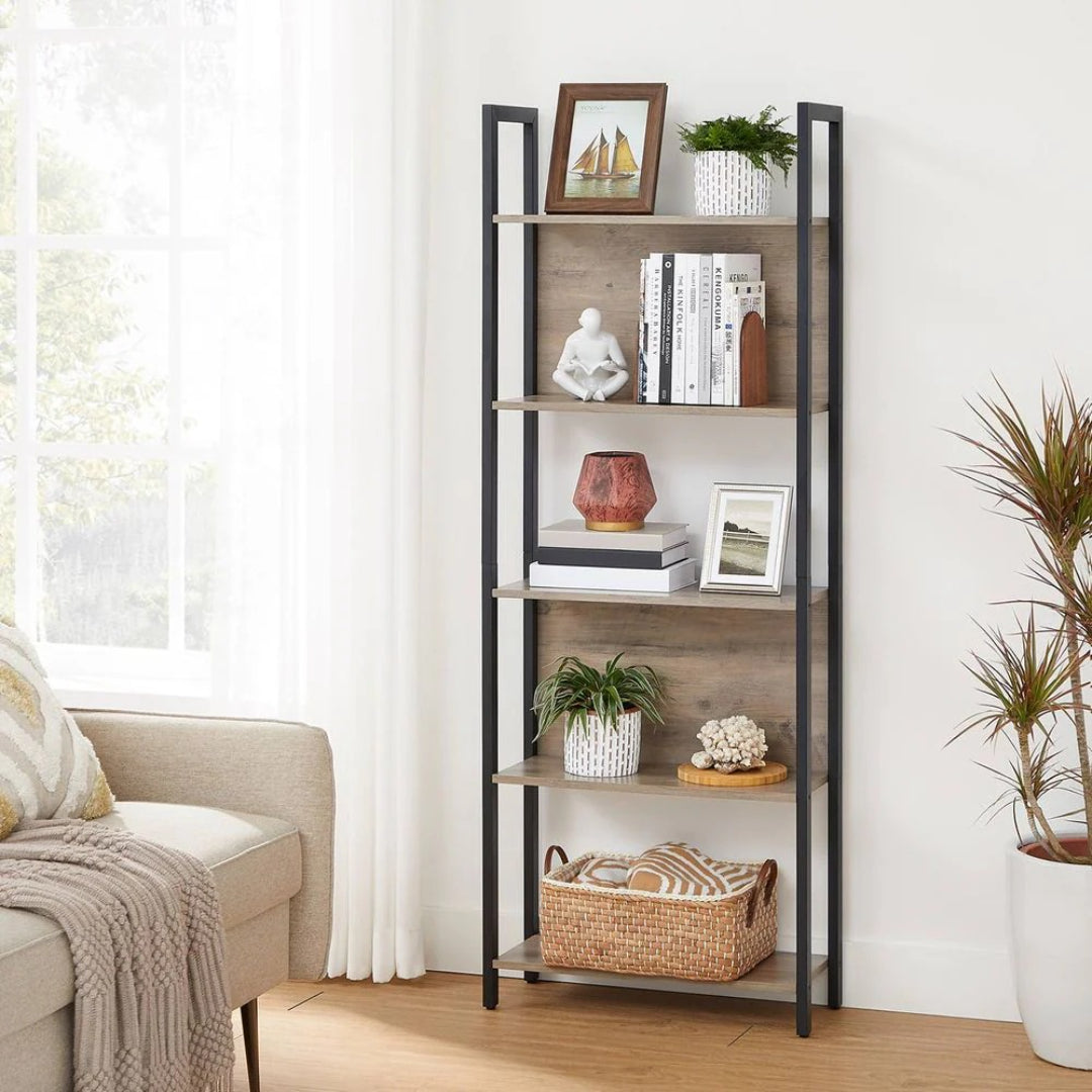5 Tier Bookshelf With Steel Frame Industrial Bookcase – product view 3 | Ridgefield Furniture