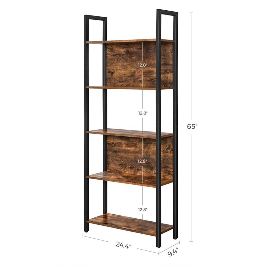 5 Tier Bookshelf With Steel Frame Industrial Bookcase – product view 13 | Ridgefield Furniture