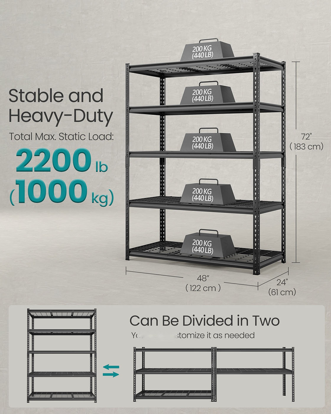 5 Tier Heavy Duty Garage Shelving, 2200 lb Capacity Boltless Rack - product photo 16