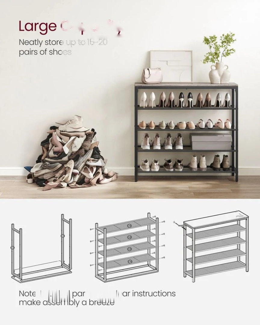 5 Tier Shoe Rack With Mesh Shelves & Storage Top Organizer – product view 9 | Ridgefield Furniture