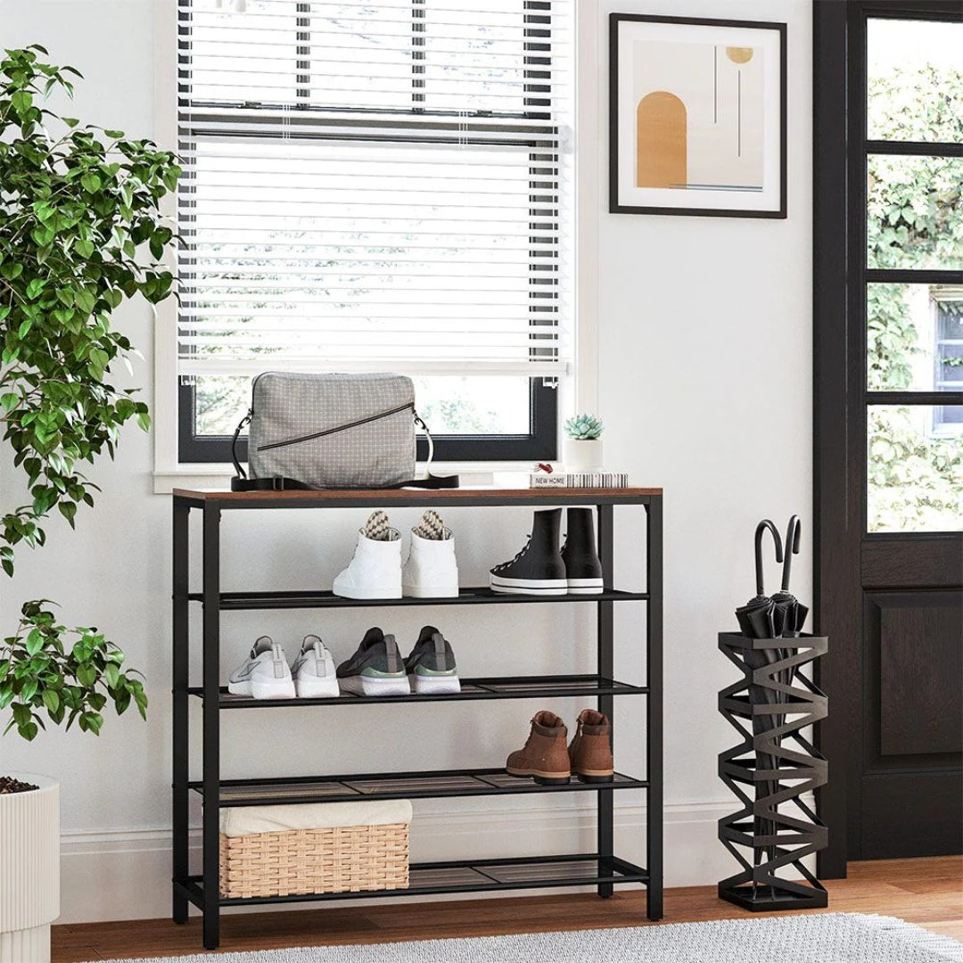 5 Tier Shoe Rack With Mesh Shelves & Storage Top Organizer – product view 10 | Ridgefield Furniture