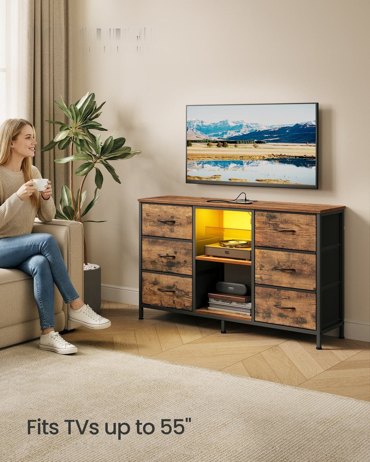 6 Drawer Dresser TV Stand With LED Lights & Outlets, 44.8 Inch - product photo 02