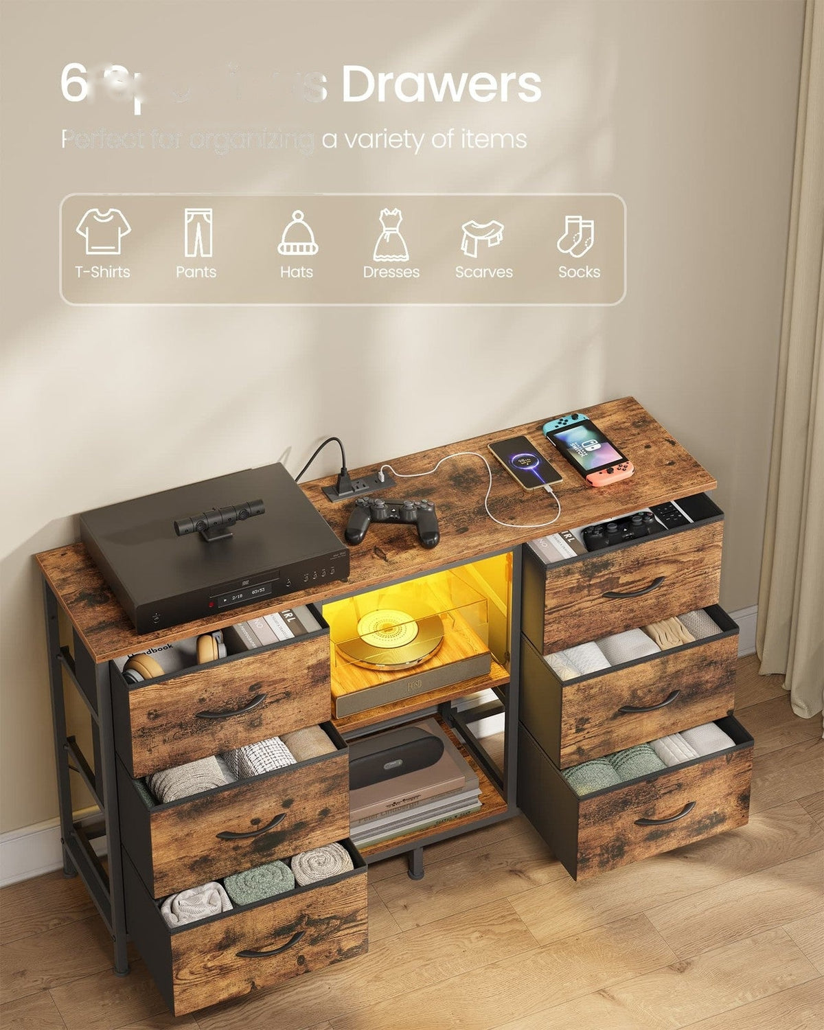 6 Drawer Dresser TV Stand With LED Lights & Outlets, 44.8 Inch - product photo 05
