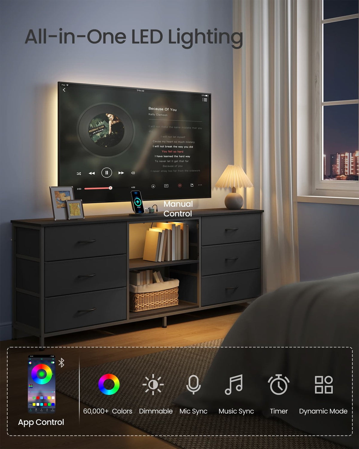 6 Drawer Dresser TV Stand With LED Lights & Outlets, 57.8 Inch - product photo 03