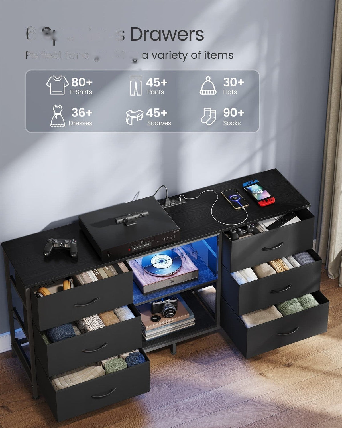 6 Drawer Dresser TV Stand With LED Lights & Outlets, 57.8 Inch - product photo 05