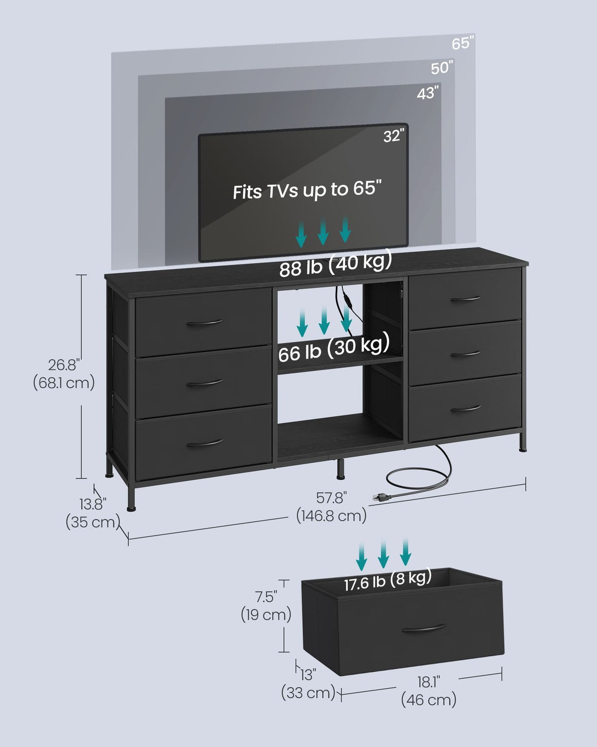 6 Drawer Dresser TV Stand With LED Lights & Outlets, 57.8 Inch - product photo 06