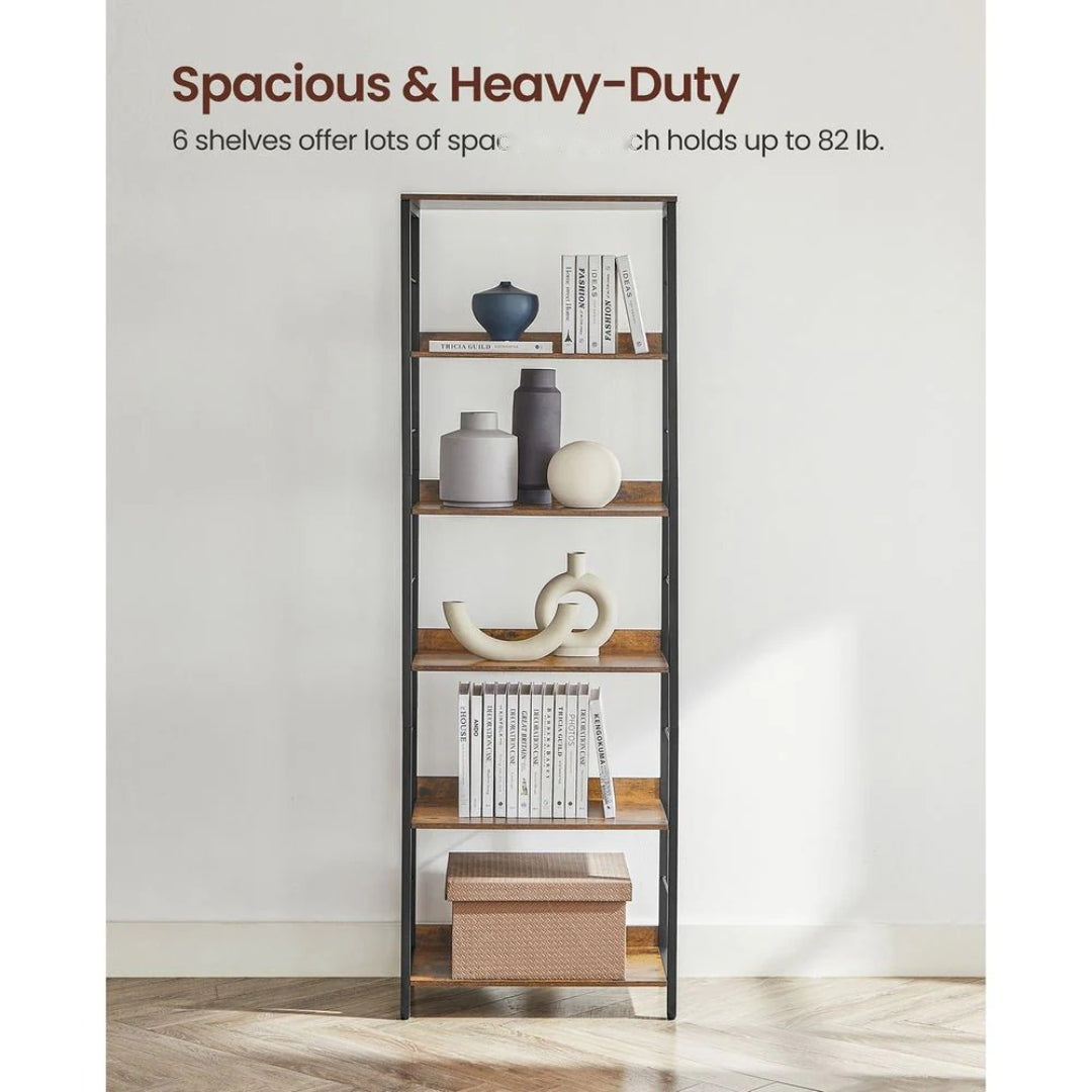 6 Tier Industrial Bookshelf With Steel Frame Storage Shelf – product view 9 | Ridgefield Furniture