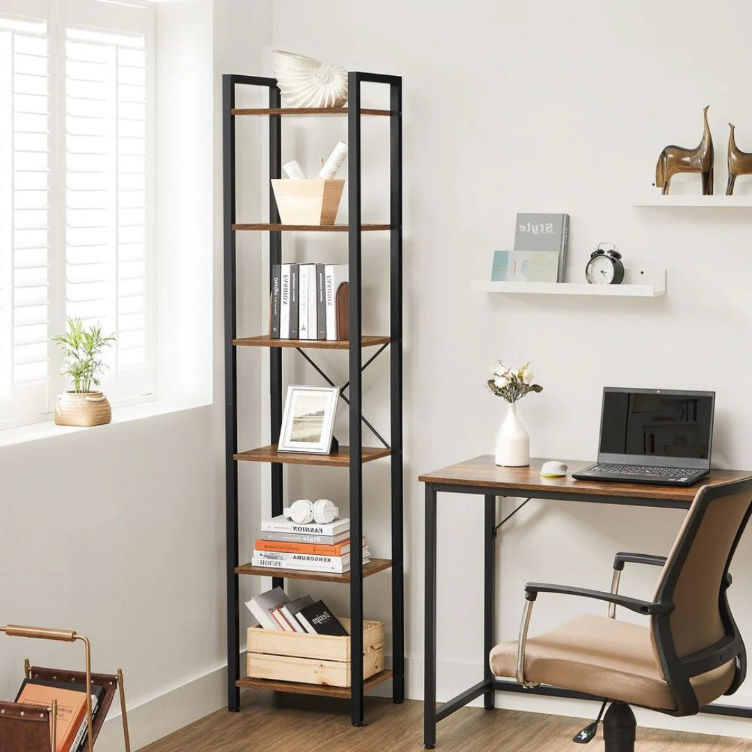 6 Tier Narrow Bookcase With Steel Frame Storage Shelf – product view 5 | Ridgefield Furniture