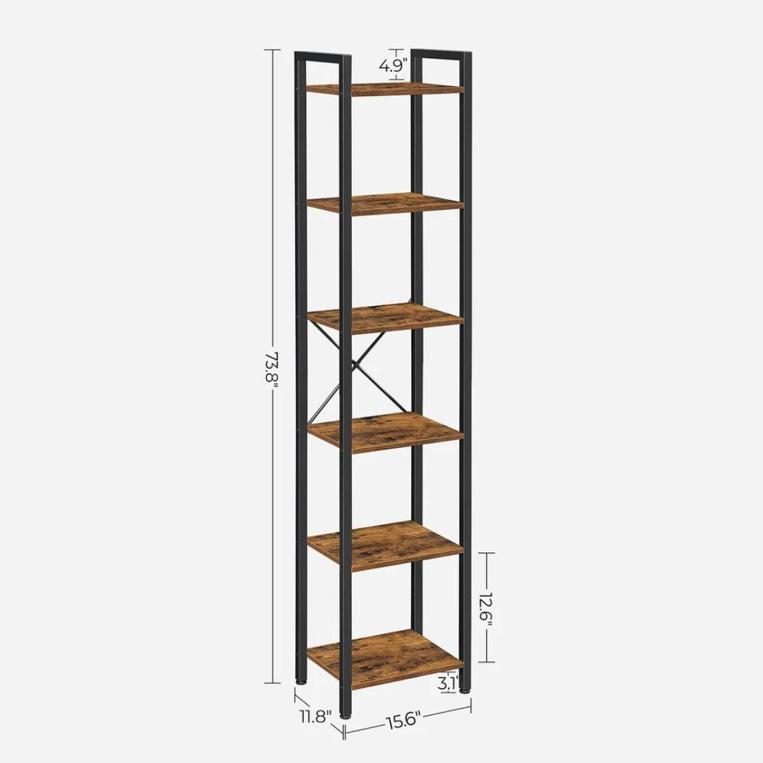6 Tier Narrow Bookcase With Steel Frame Storage Shelf – product view 12 | Ridgefield Furniture