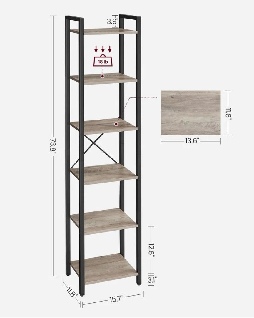 6 Tier Narrow Bookcase With Steel Frame Storage Shelf – product view 20 | Ridgefield Furniture